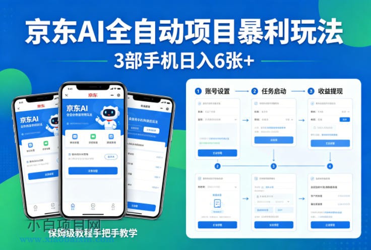 京东AI全自动项目暴利玩法，3部手机日入6张+，保姆级教程手把手教学【揭秘】-小白项目分享网