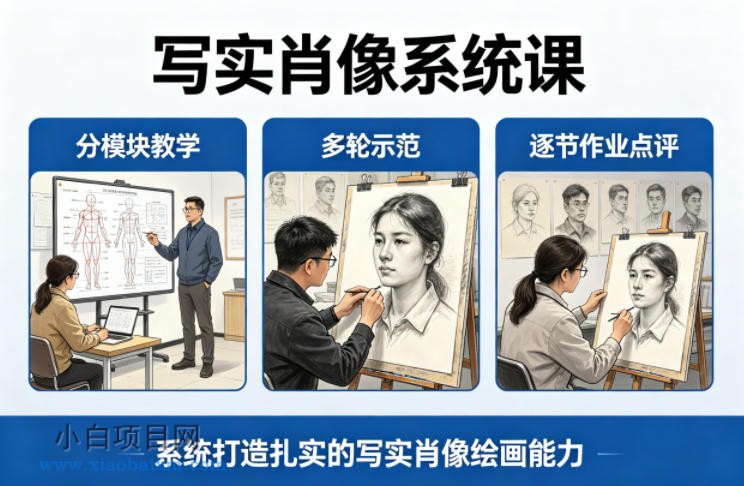 写实肖像系统课，全程分模块教学+多轮示范+逐节作业点评，系统打造扎实的写实肖像绘画能力-小白项目分享网