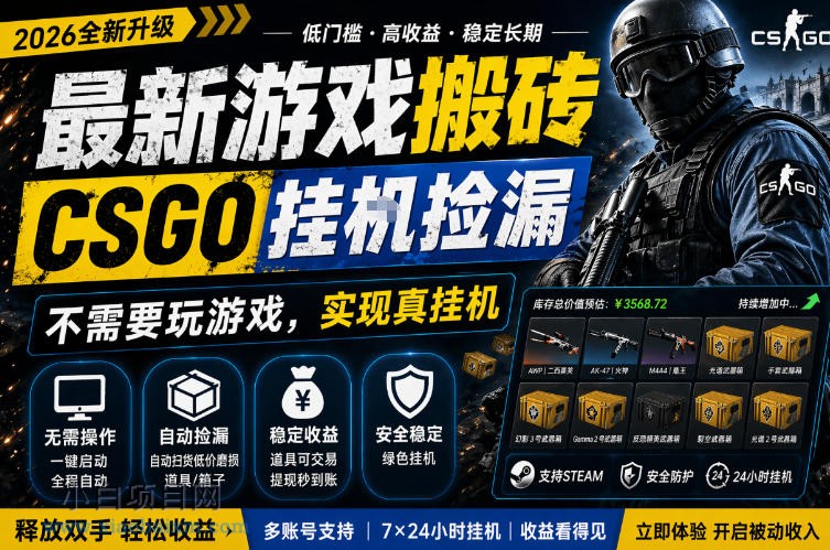 最新游戏搬砖，CSGO纯挂G，不需要玩游戏，实现真挂G，月入1W+，五一小高峰上车可吃肉，手机即可操作【揭秘】-小白项目分享网