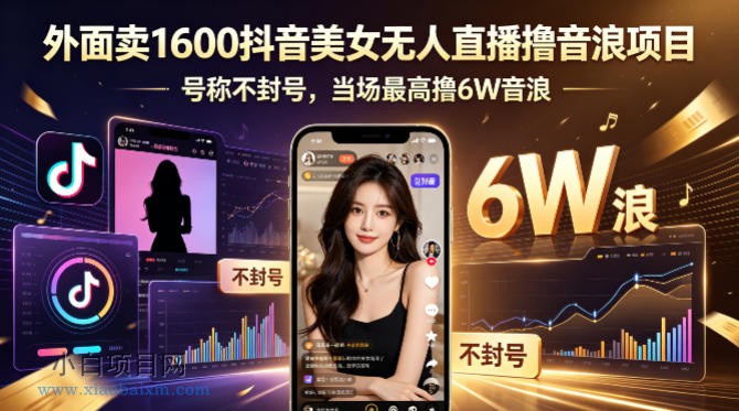 外面卖1600抖音美女无人直播撸音浪项目，号称不封号，当场最高撸6W音浪！【附详细教程】-小白项目分享网