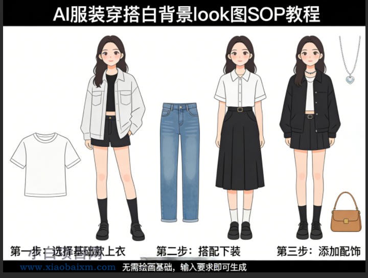 【小鲁分享网】AI服装穿搭白背景look图SOP教程，不用会画画，提几句具体要求，AI就能还你一个奇迹-小白项目分享网