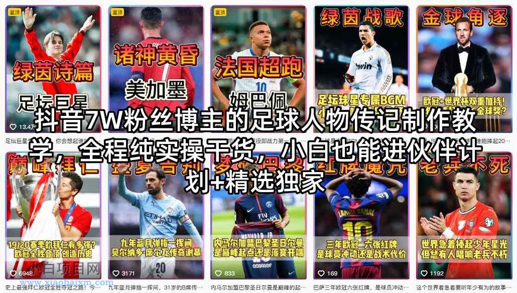 抖音7W粉丝博主的足球人物传记制作教学，全程纯实操干货，小白也能进伙伴计划+精选独家-小白项目分享网